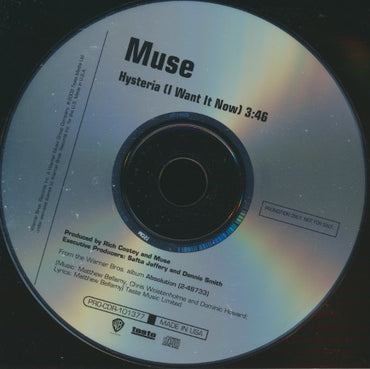Muse: Hysteria (I Want It Now) 1-Track Promo w/ Back Artwork