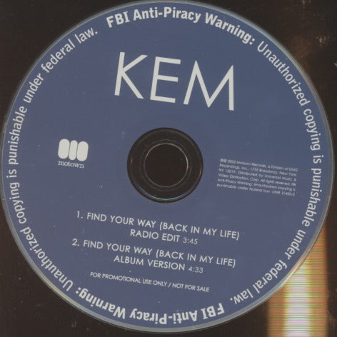 Kem: Find Your Way (Back In My Life) 2-Track Promo w/ No Artwork