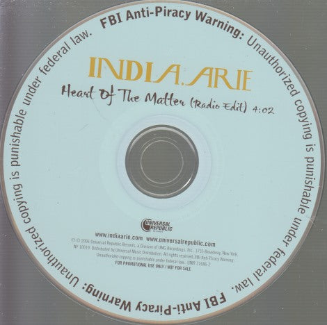 India.Arie: Heart Of The Matter 1-Track Promo w/ Back Artwork
