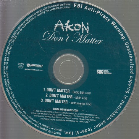Akon: Don't Matter 3-Track Promo w/ Back Artwork