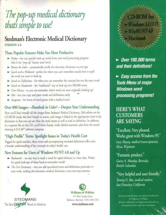 Stedman's Electronic Medical Dictionary 5.0 w/ Manual NeverDieMedia