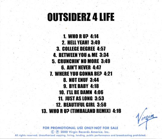 Outsiderz 4 Life: Outsiderz 4 Life 13-Track Promo w/ Back Artwork