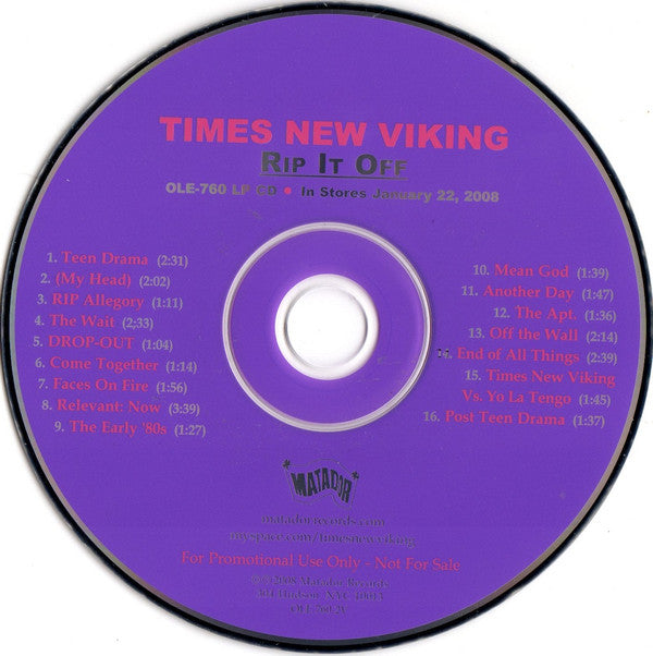 Times New Viking: Rip It Off Advance Promo w/ Back Artwork