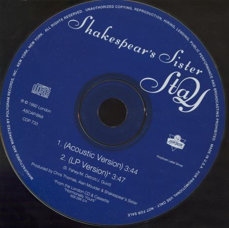 Shakespear's Sister: Stay Promo w/ No Artwork