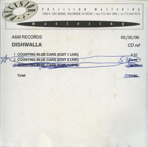Dishwalla: Counting Blue Cars Promo w/ Front Artwork