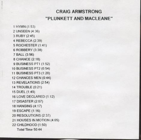 Craig Armstrong: Plunkett And Macleane: Original Motion Picture Score Promo w/ Front Artwork