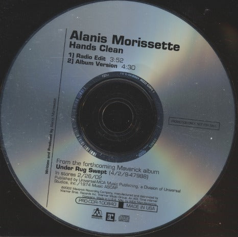 Alanis Morissette: Hands Clean 2-Track Promo w/ Back Artwork