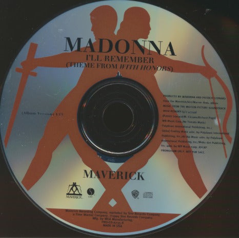Madonna: I'll Remember (Theme From With Honors) 1-Track Promo w/ Back Artwork