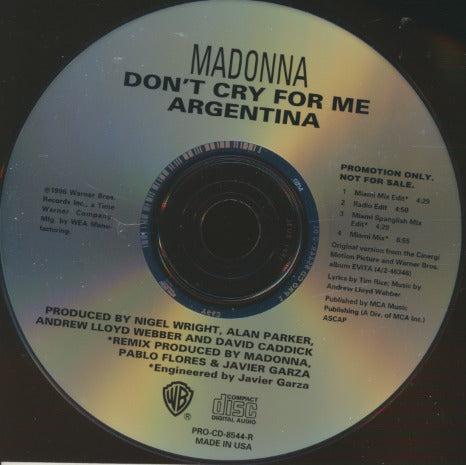 Madonna: Don't Cry For Me Argentina 4-Track Promo w/ Back Artwork