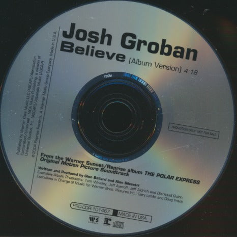 Josh Groban: Believe 1-Track Promo w/ Back Artwork
