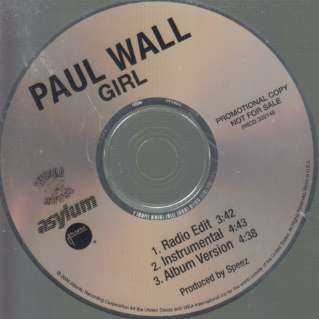 Paul Wall: Girl 3-Track Promo w/ Back Artwork