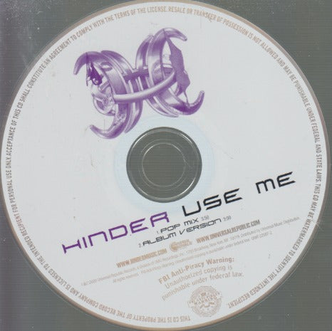 Hinder: Use Me 2-Track Promo w/ Back Artwork