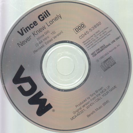 Vince Gill: Never Knew Lonely 1-Track Promo w/ Back Artwork