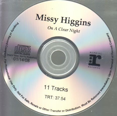 Missy Higgins: On A Clear Night 11-Track Promo w/ Back Artwork