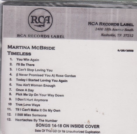 Martina McBride: Timeless 18-Track Promo w/ Front Artwork