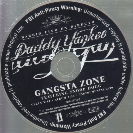 Daddy Yankee: Gangsta Zone 3-Track Promo w/ Back Artwork
