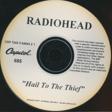 Radiohead: Hail To The Thief Numbered Advance Promo w/ Back Artwork