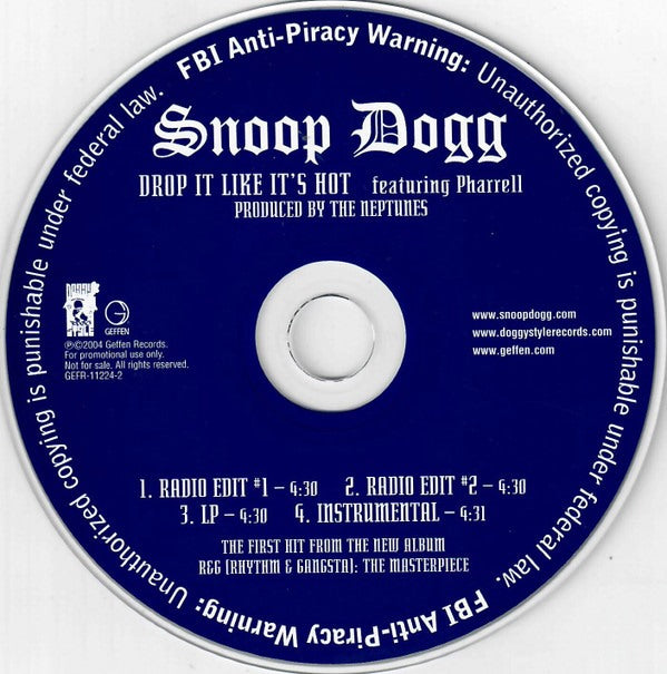 Snoop Dogg: Drop It Like It's Hot 4-Track Promo w/ Back Artwork - NeverDieMedia