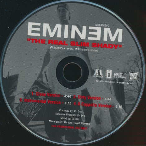 Eminem: The Real Slim Shady 4-Track Promo w/ Back Artwork