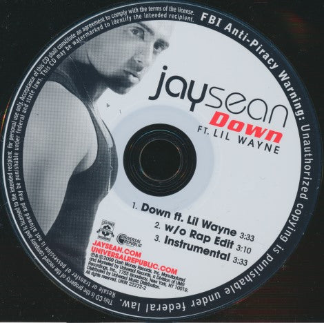 Jay Sean: Down 3-Track Promo w/ Back Artwork