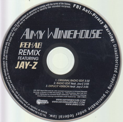 Amy Winehouse: Rehab Remix 3-Track Promo w/ No Artwork
