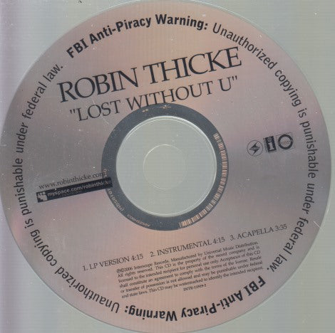 Robin Thicke: Lost Without U 3-Track Promo w/ Back Artwork