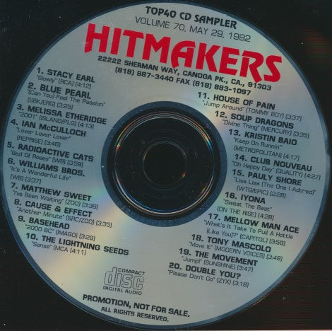 Hitmakers: Top 40 CD Sampler: May 29, 1992 Volume 70 Promo w/ Back Artwork