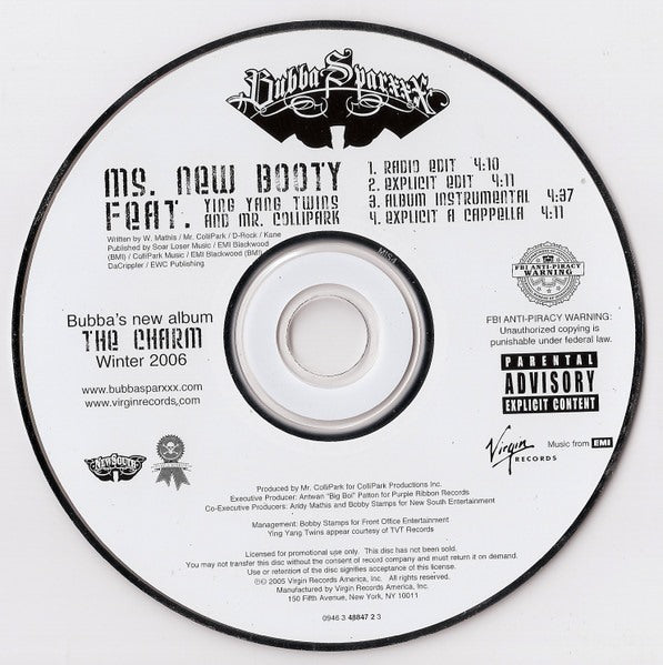Bubba Sparxxx Featuring Ying Yang Twins And Mr. Collipark: Ms. New Booty 4-Track Promo w/ No Artwork - NeverDieMedia