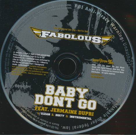 Fabolous Feat. Jermaine Dupri: Baby Don't Go 3-Track Promo w/ Back Artwork