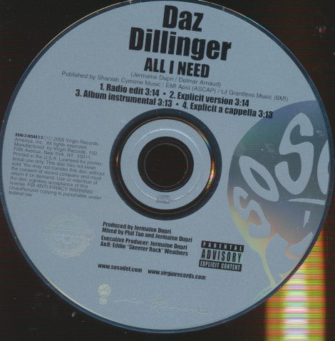 Daz Dillinger: All I Need 4-Track Promo w/ No Artwork