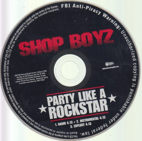 Shop Boyz: Party Like A Rockstar 3-Track Promo w/ Back Artwork