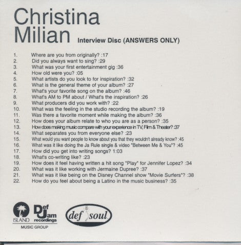 Christina Milian: Interview Disc (Answers Only) Promo w/ Front Artwork