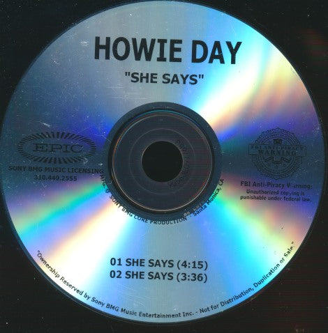 Howie Day: She Says 2-Track Promo w/ No Artwork