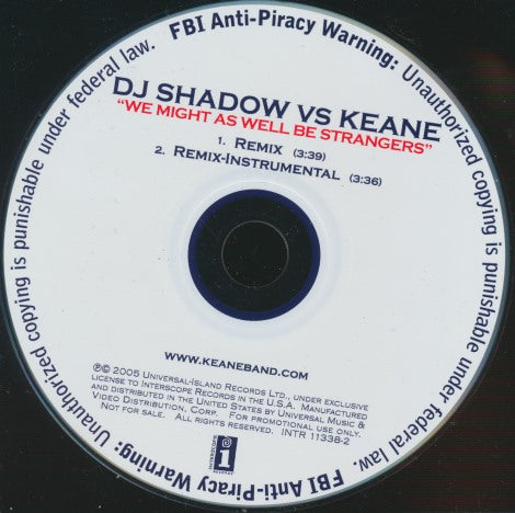 Dj Shadow Vs Keane: We Might As Well Be Strangers 2-Track Promo w/ Back Artwork