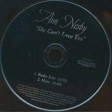 Ann Nesby: She Can't Love You 2-Track Promo w/ Back Artwork