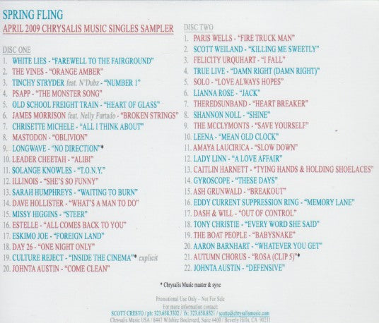 Chrysalis Music Singles Sampler: Spring Fling: April 2009 42-Track 2-D ...
