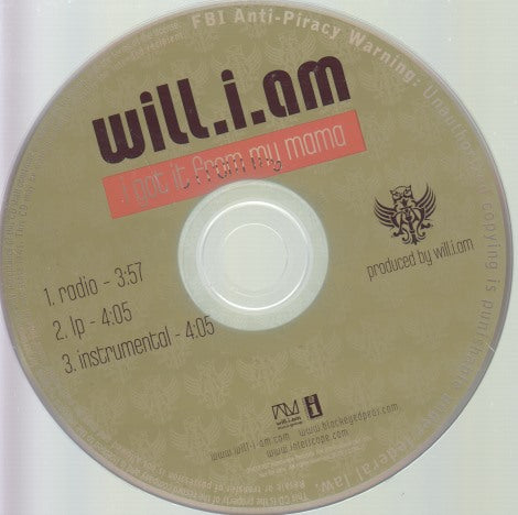 Will.i.am: I Got It From My Mama 3-Track Promo w/ Back Artwork