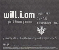 Will.i.am: I Got It From My Mama 3-Track Promo w/ Back Artwork