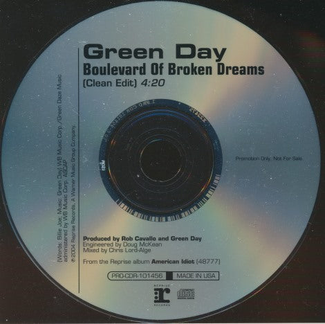 Green Day: Boulevard Of Broken Dreams 1-Track Promo w/ Back Artwork