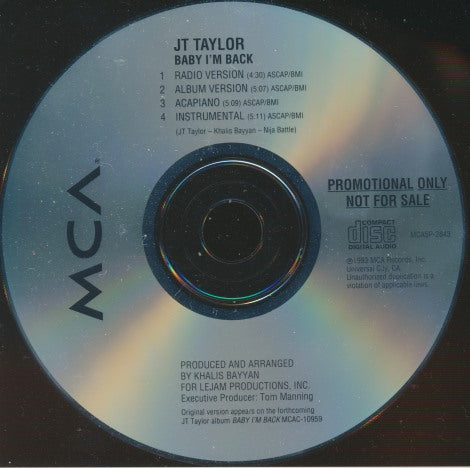 JT Taylor: Baby I'm Back 4-Track Promo w/ Back Artwork