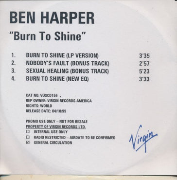 Ben Harper: Burn To Shine 4-Track Promo w/ Front Artwork