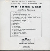Wu-Tang Clan: Legend Of The Wu-Tang: Wu-Tang Clan's Greatest Hits 16-Track Promo w/ Front Artwork
