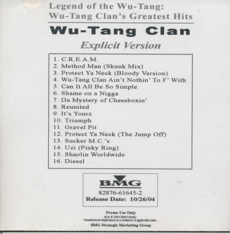 Wu-Tang Clan: Legend Of The Wu-Tang: Wu-Tang Clan's Greatest Hits 16-Track Promo w/ Front Artwork