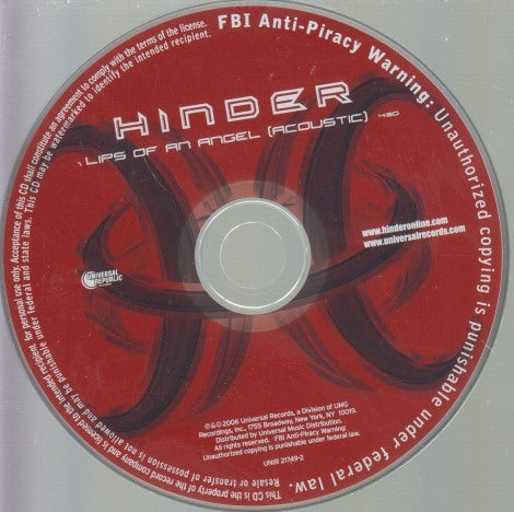 Hinder: Lips Of An Angel: Acoustic 1-Track Promo w/ Back Artwork