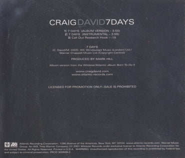 Craig David: 7 Days 3-Track Promo w/ Back Artwork