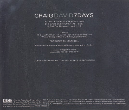 Craig David: 7 Days 3-Track Promo w/ Back Artwork