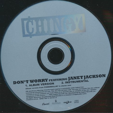 Chingy Featuring Janet Jackson: Don't Worry 2-Track Promo w/ Back Artwork
