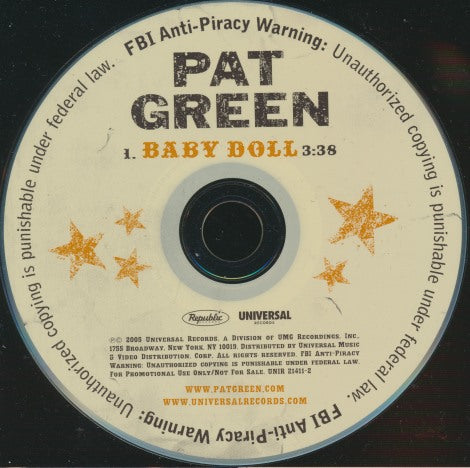 Pat Green: Baby Doll 1-Track Promo w/ Back Artwork