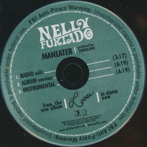 Nelly Furtado: Maneater 3-Track Promo w/ Back Artwork