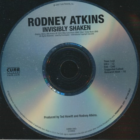 Rodney Atkins: Invisibly Shaken 2-Track Promo w/ Back Artwork